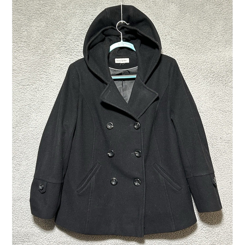 Preston & York Hooded Wool Pea Coat Women's Size 14 Black